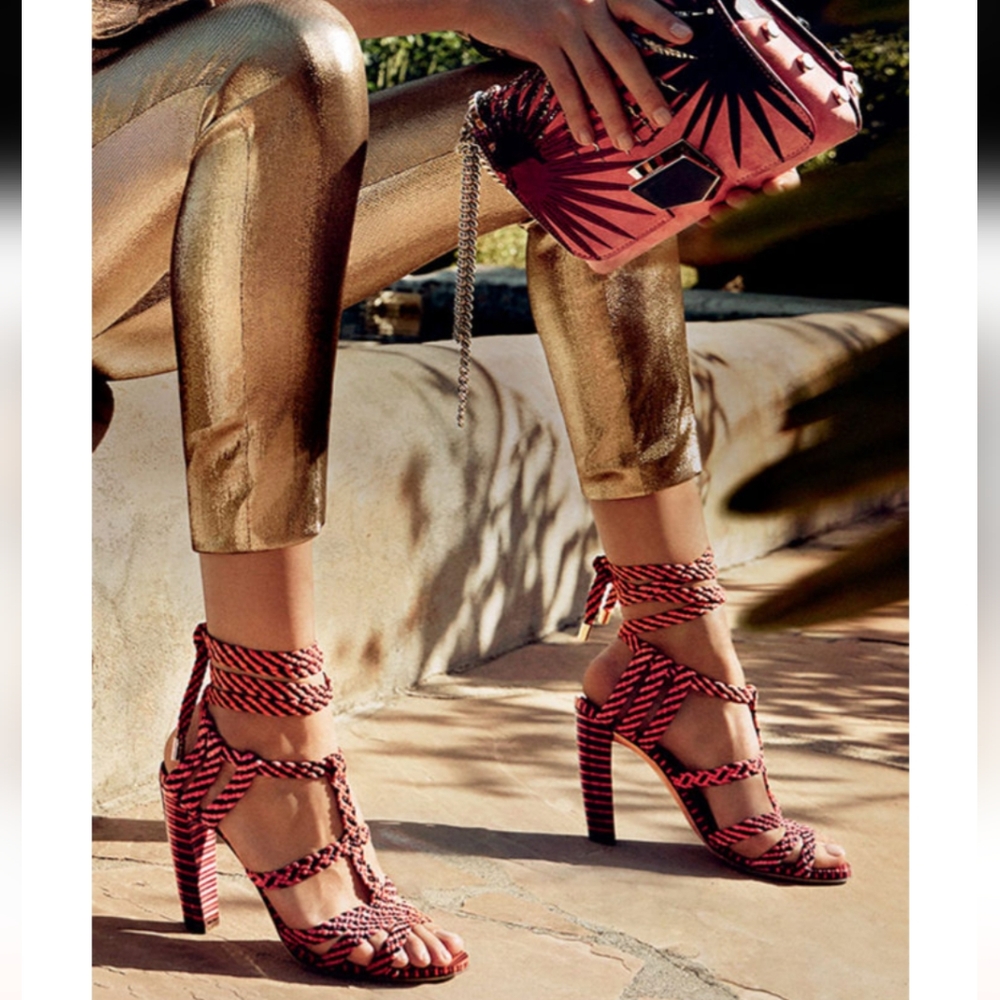 Jimmy Choo Trix 100mm Woven Multi-Wrap Sandal, Dark Shiraz/Coral 37 - Picture 1 of 16